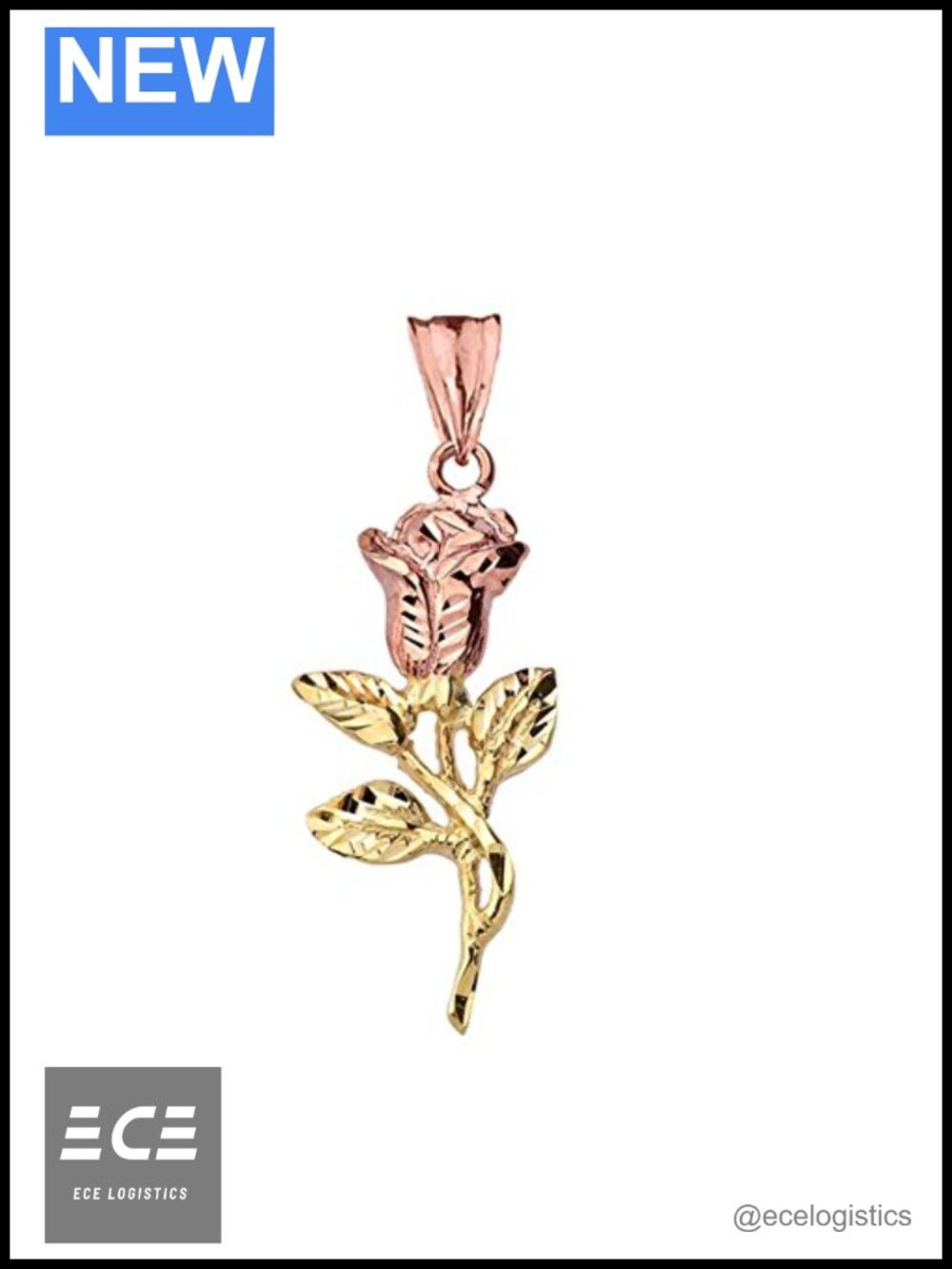 10K Solid Yellow Gold Rose Flower Pendant Sparkle-Cut Charm